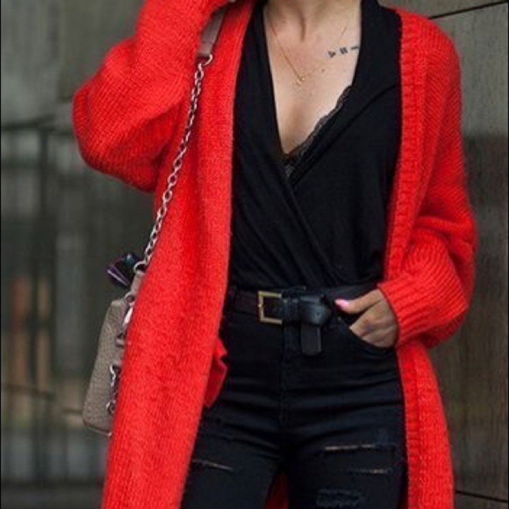SALE Red Orange Open Front long sleeve Bat Wing Cardigan - Picture 2 of 10